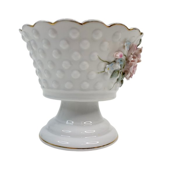 Vintage Lefton Candy Dish Compote Pedestal Rose Hobnail Scalloped Porcelain - Picture 6 of 10